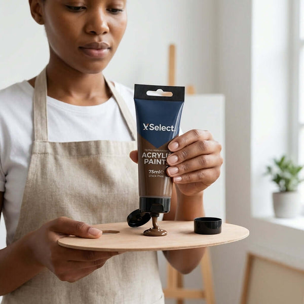 Person holding a tube of Acrylic Paint 75ml - Raw Umber on a palette, ready to create art.