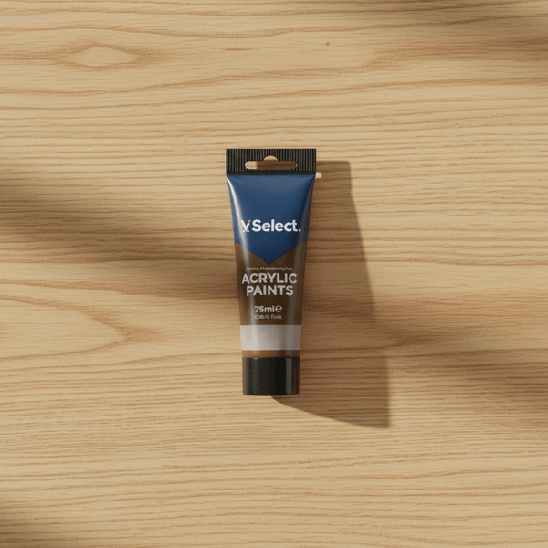 Acrylic Paint 75ml - Raw Umber tube on a wood surface, showcasing its earthy tones for artists.