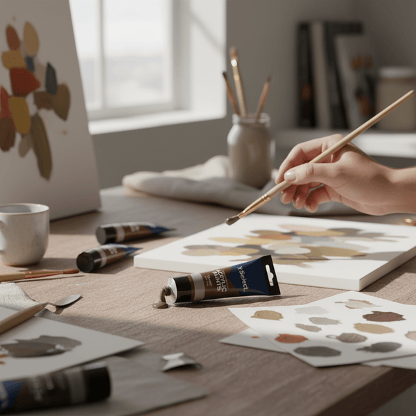 Artist using Acrylic Paint 75ml - Raw Umber on canvas with paint tubes and brushes on a wooden table.