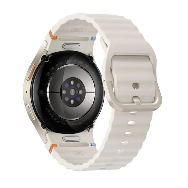 Beige Smartwatch with Android OS showcasing a sleek design and advanced features on a white strap.
