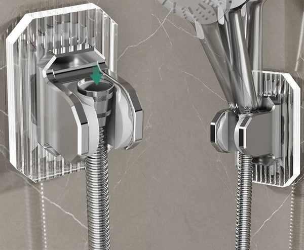 Adjustable Punch-Free Shower Head Wall Bracket showing a chrome mounting design with tool-free installation.