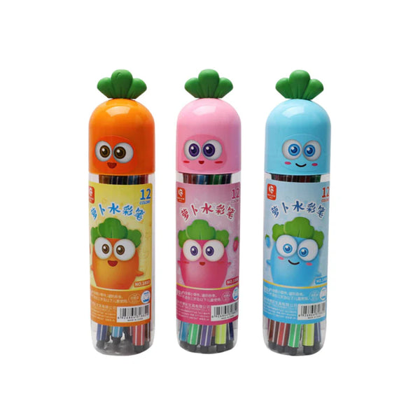 Aesthetic Stationery Pens Items List 12pcs Multi Color Set featuring colorful pens in carrot and character-shaped containers.