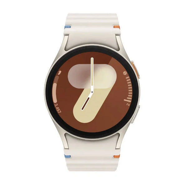 Beige Smartwatch with Android OS displaying a brown watch face and sleek design.