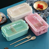 Airtight Compartment Lunch Box with multiple colors, secure lid, and utensils on a blue surface.