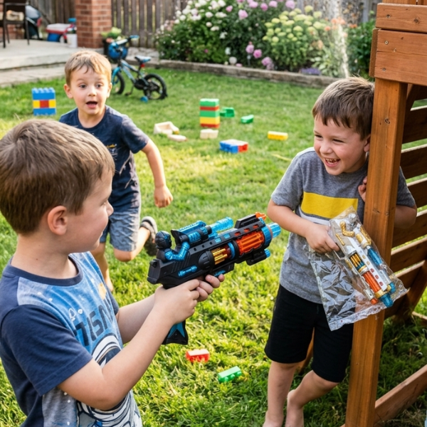 Children playing with the 33CM Electric Light and Sound Submachine Toy Gun in a backyard setting.