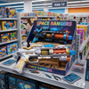 33CM Electric Light and Sound Submachine Toy Gun displayed in a colorful shelf featuring action-packed design.