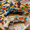 33CM Electric Light and Sound Submachine Toy Gun on a playtable with colorful blocks and a vintage robot.