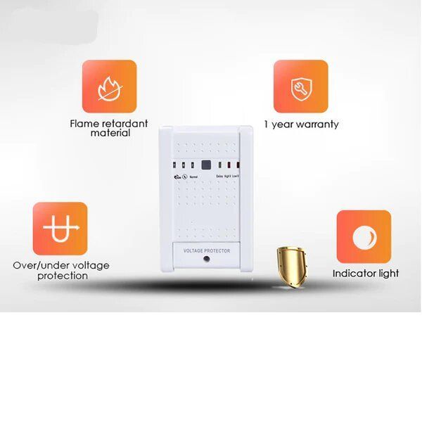 Appliance Electric Voltage Protector features flame retardant material, 1 year warranty, over/under voltage protection, indicator light.