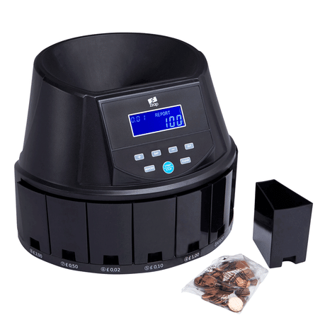 Automatic Coin Counter Sorter And Batch Counting Machine with digital display and coin sorting compartments.