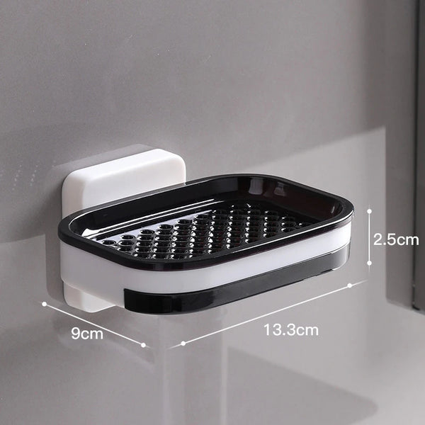 Bathroom Plastic Wall-mounted Double Layer Shelf dimensions shown on a wall, perfect for organizing bathroom essentials.