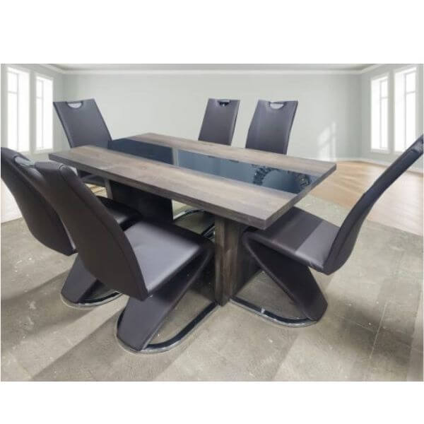 Black with Marble Lining Dining Room Table Set featuring sleek chairs and modern design.