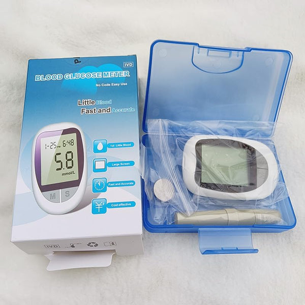 Blood Glucose Monitor Kit with meter, test strips, and lancet for easy home blood sugar testing.