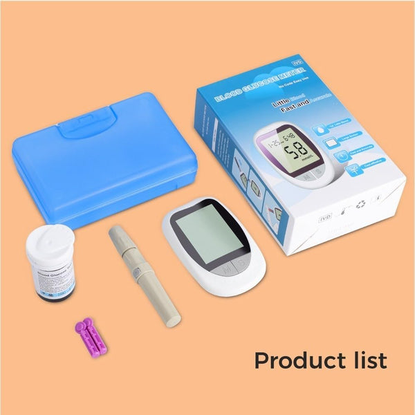 Blood Glucose Monitor Kit with components including meter, case, lancet device, and test strips.