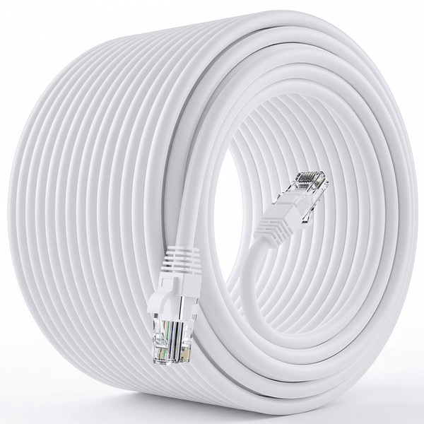 Cat-6E 10m High Speed 1000Mbps Ethernet Lan Cable coiled in white, perfect for stable internet connectivity.