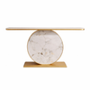 Modern Geometric Glass and Gold Console Table showcasing a stylish design with a marble base and gold accents.