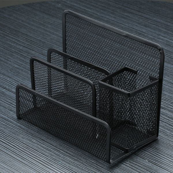Classic Standing Desktop File & Magazine Organiser Rack made of black mesh for desk clutter organization.