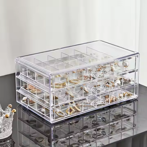 Clear Acrylic 3-Drawer 72-Compartment Jewellery Box displaying neatly organized jewellery.