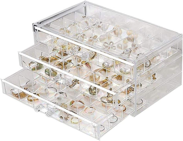 Clear Acrylic 3-Drawer 72-Compartment Jewellery Box filled with rings and accessories organized for easy access.