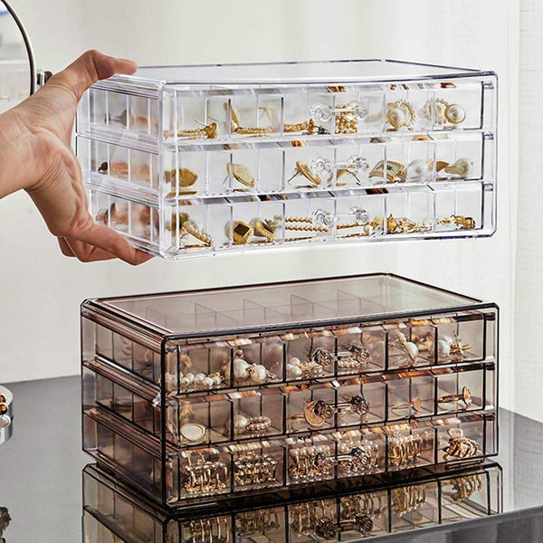 Clear Acrylic 3-Drawer 72-Compartment Jewellery Box with organized compartments for easy access.