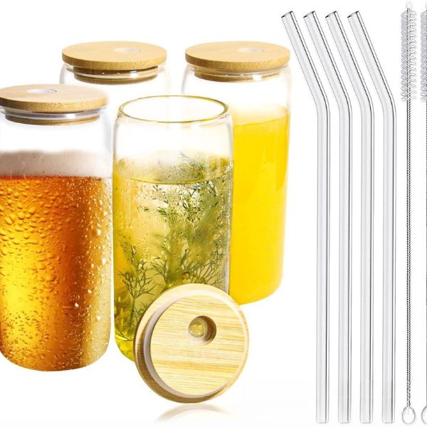 Clear Glass Tumbler with Bamboo Lid and Straw
