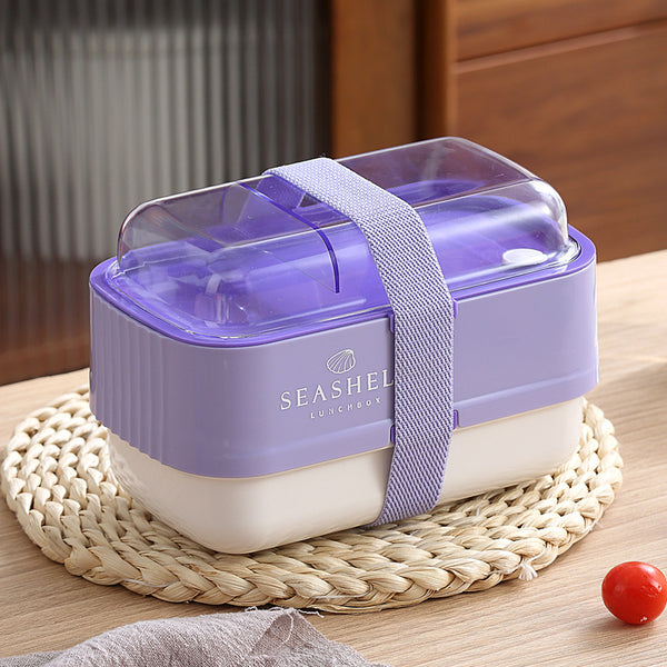 Collapsible Double-Layer Lunch Box in purple color, designed for convenience, organization, and eco-friendliness.
