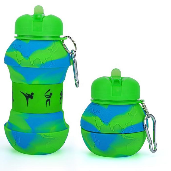 Collapsible Silicone Water Bottle in green and blue, featuring a compact design for easy portability.