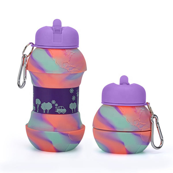 Collapsible Silicone Water Bottle in colorful design, perfect for travel and outdoor use, showcasing versatility and portability.