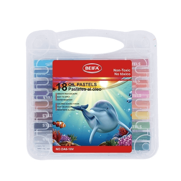 Colourful Wax Crayon Set - 18 Vibrant Colours in a durable packaging with a dolphin illustration and various colors.