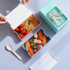 Double-Layer 1200 ml Plastic Lunch Box with Spoon showcasing stacked compartments of noodles and sushi.