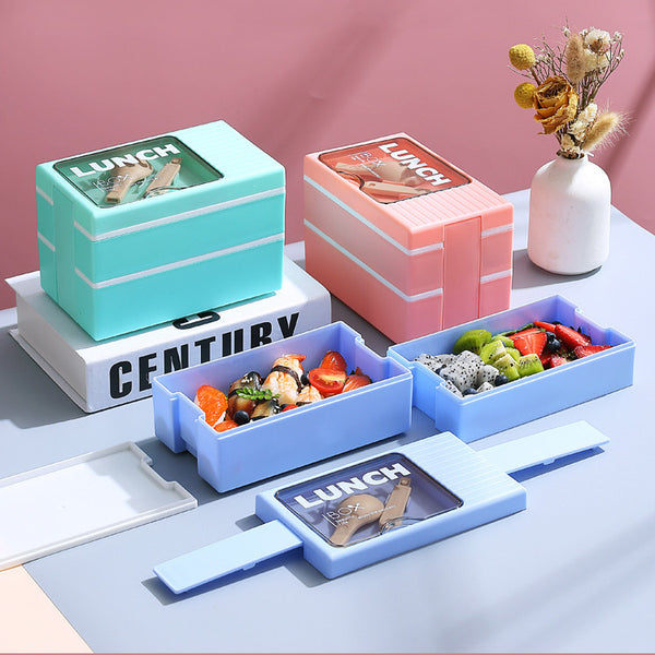 Double-Layer 1200 ml Plastic Lunch Box with Spoon in various colors displaying healthy meal options.