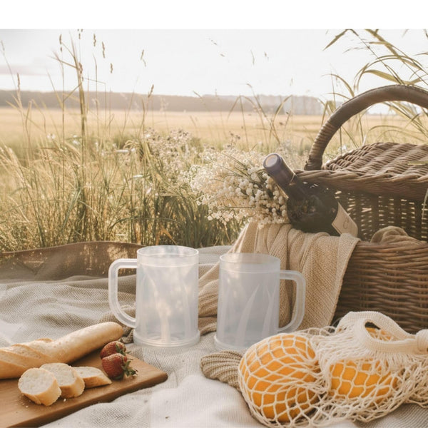 Double Layer Reusable Drink Mug on a picnic blanket with bread, fruits, and wine in a natural outdoor setting.