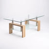 Modern Double Tier Glass Coffee Table featuring a sleek design with tempered glass and wooden legs.
