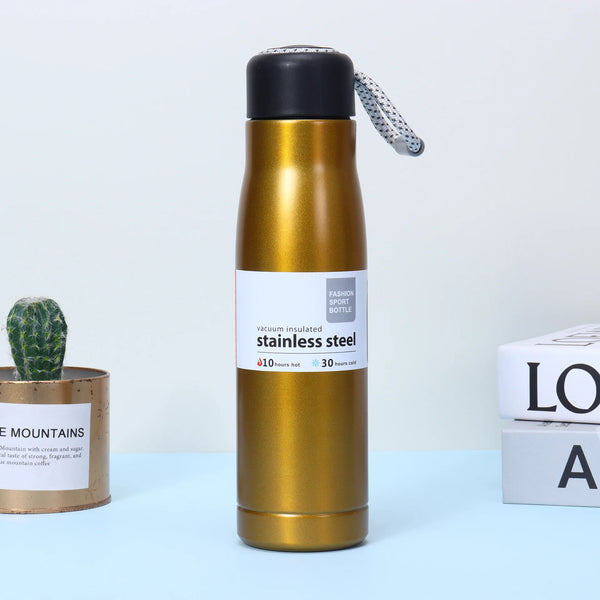 Dual Vacuum Insulated Stainless Steel Water Bottle in bold gold color, perfect for keeping drinks hot or cold.