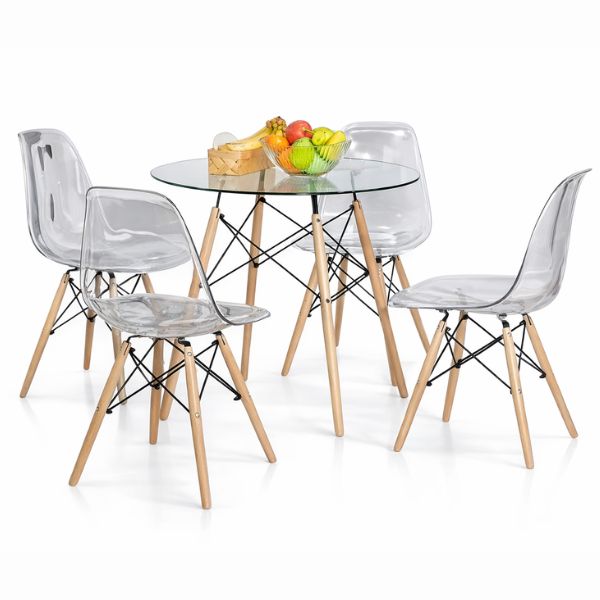 Durable Acrylic Transparent Table Set featuring a round glass table and four clear acrylic chairs on Eiffel-style bases.