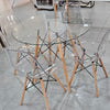Durable Acrylic Transparent Table Set featuring a round glass table and four acrylic shell chairs on Eiffel-style bases.