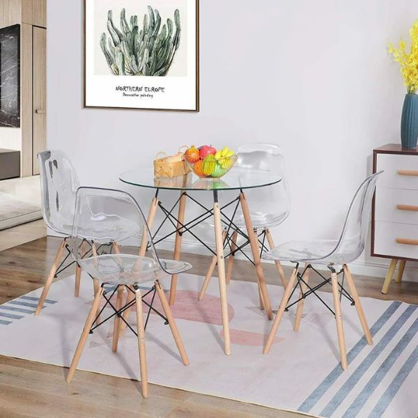 Durable Acrylic Transparent Table Set featuring a round glass table and four acrylic shell chairs in a modern dining room.