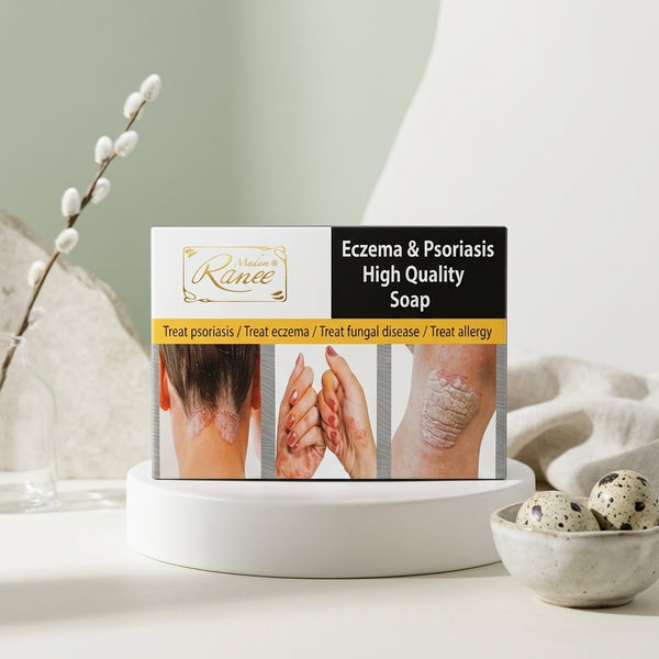 Eczema And Psoriasis Soap packaging with images showing treatment for eczema and psoriasis conditions.