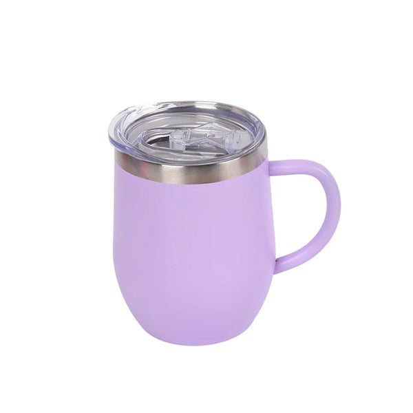 Eggshell Stainless Steel Coffee Cup with U-Shaped Belly and Lid in lavender color with a lid.