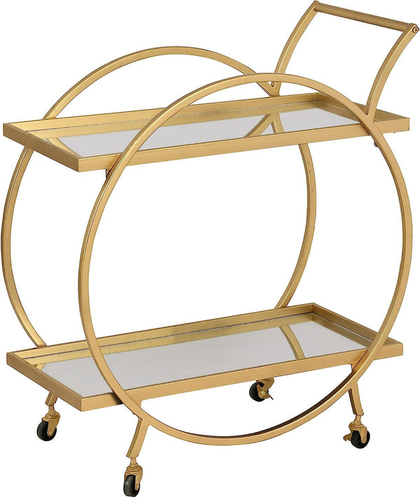2 Tier Mobile Serving Trolley with gold frame and mirrored glass shelves, perfect for organizing drinks and décor.