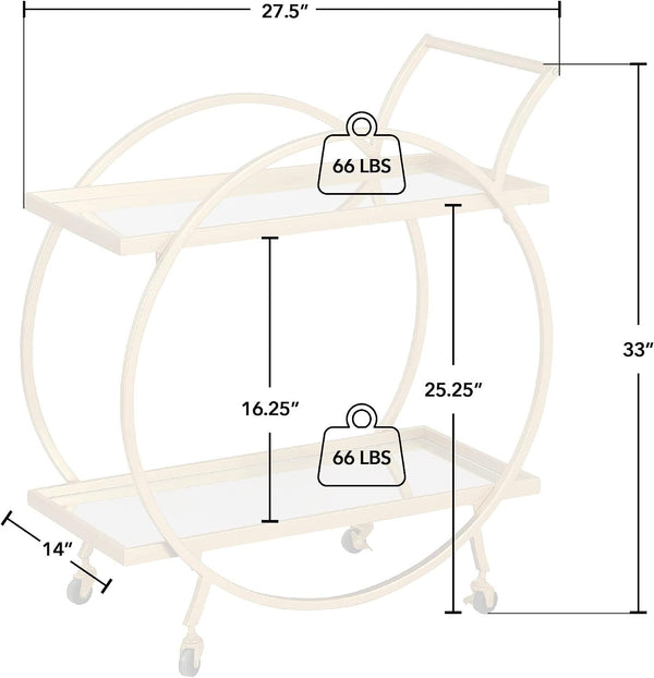 2 Tier Mobile Serving Trolley dimensions diagram showing measurements and weight capacity for practical use.
