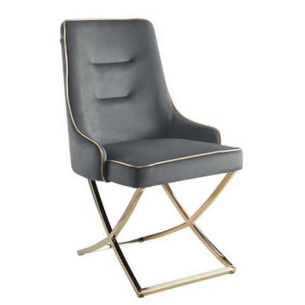 Modern Elegant Upholstered Dining Chair with sleek gray upholstery and gold accents on a contemporary design.