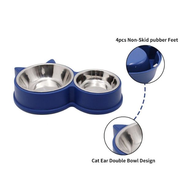 Stainless Steel Dog Food Bowl featuring a cat ear double bowl design with non-skid feet for stability during mealtimes.