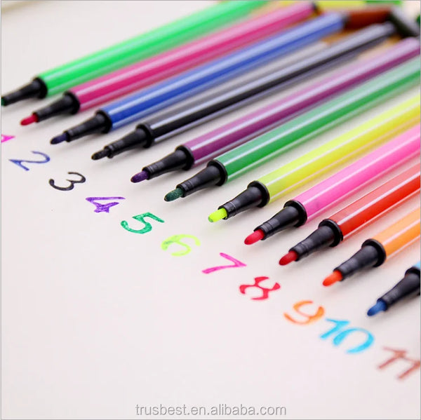 Fibre Tip Water Colour Marker Pen Set of 36 arranged on paper with colorful ink numbers.