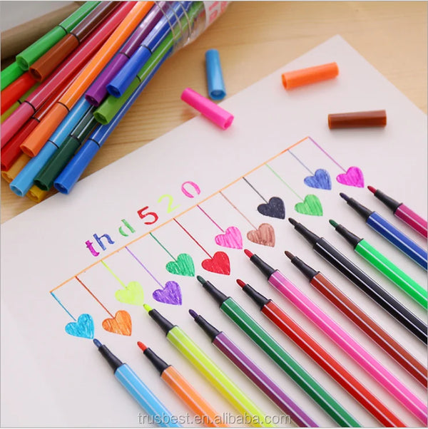 Fibre Tip Water Colour Marker Pen Set of 36 displayed on paper with colorful heart doodles.