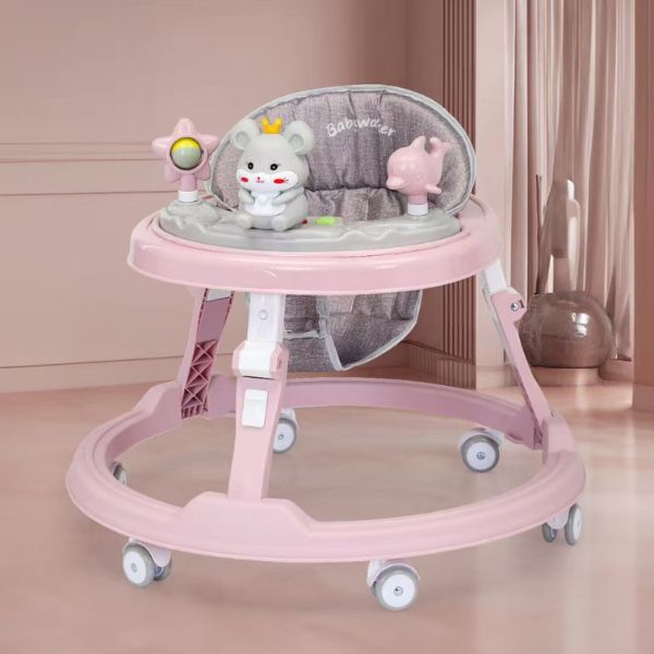 Foldable Anti-Tip Baby Activity Walker in pink with engaging toy features for playful learning.