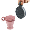 Foldable silicone travel cup shown in collapsible and stored positions, demonstrating its compact design.