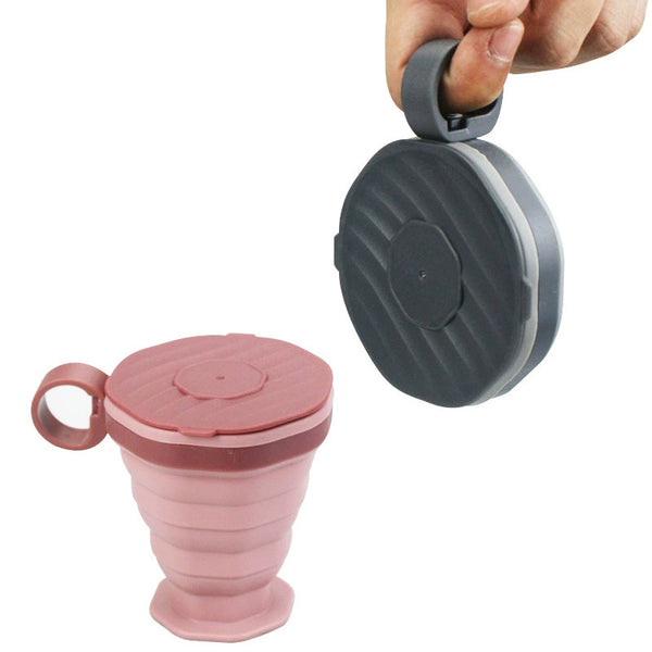 Foldable silicone travel cup shown in collapsible and stored positions, demonstrating its compact design.