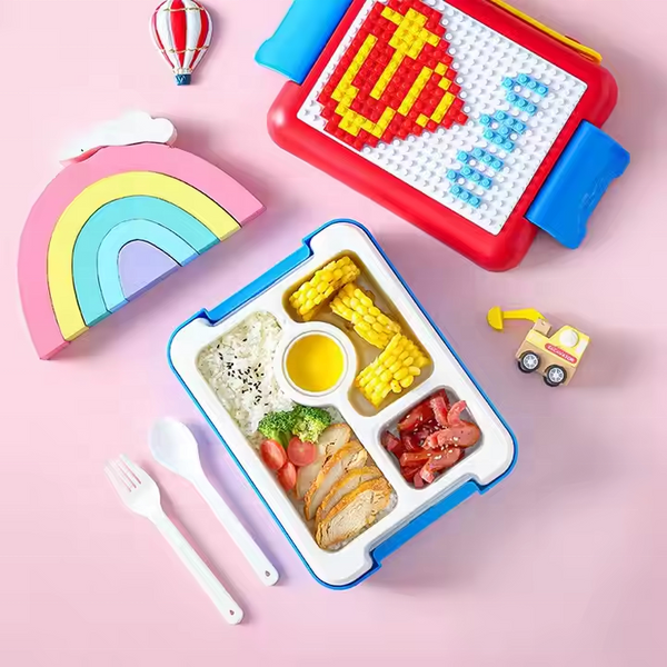Fun Superhero Kids Bento Lunch Box with colorful compartments and fun design, perfect for kids' meals on the go.