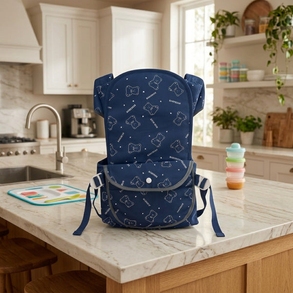 Adjustable Baby Carrier featuring a navy design, padded sections, adjustable straps, and spacious front pocket.