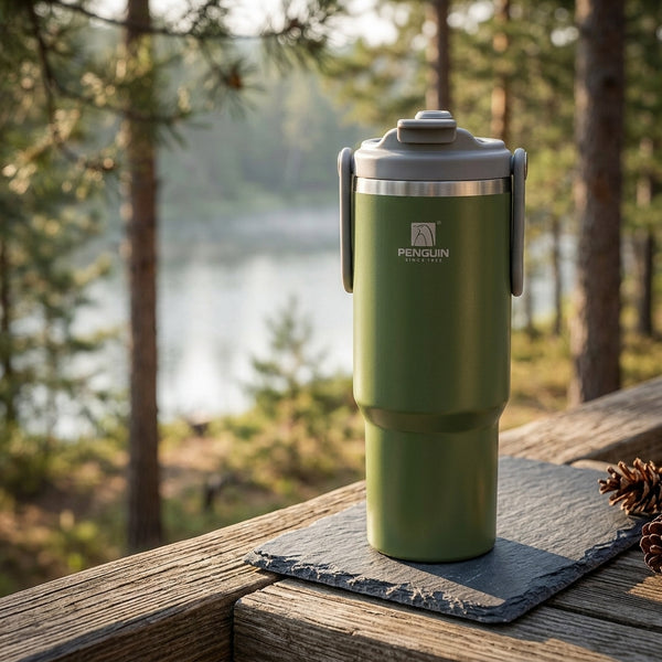 1200ml Insulated Travel Tumbler in green color against a natural background, perfect for outdoor adventures.